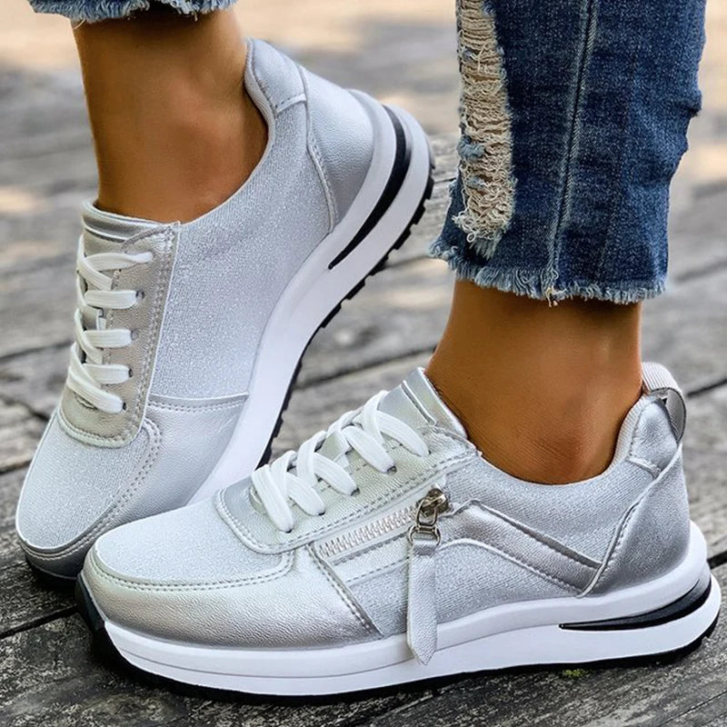 Casual Lace-Up Platform Sneakers for Women Autumn 2025 Solid Plus Size Shoes Woman Non-Slip Zip Female Sports Shoes
