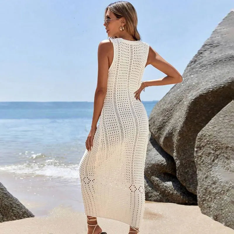 S - XL 2025 V Neck Hollow Out Crochet Knitted Tunic Beach Cover Up Long Cover-ups Beach Dress Beach Wear Beachwear Female Women