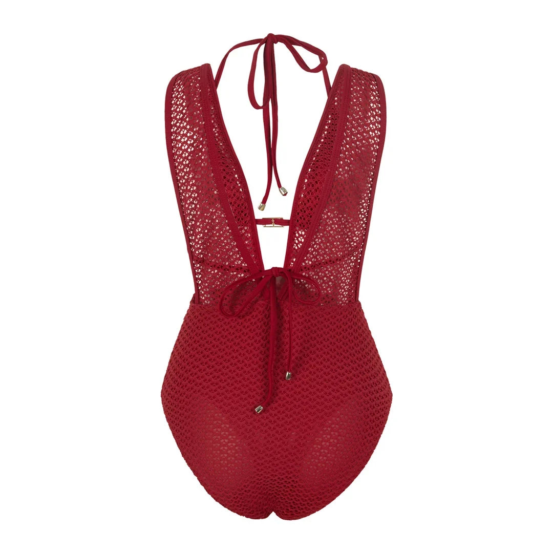 S - XL Deep V Neck Knit Fish Net Mesh Women Swimwear One Piece Swimsuit Female Monokini Backless Bather Bathing Suit Swim V7832