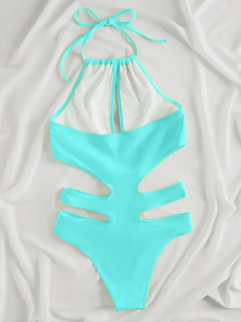 2025 New Sexy Halter Women Swimwear One Piece Swimsuit Female Hollow Out Monokini Bather Bathing Suit Summer Beach Wear Bodysuit