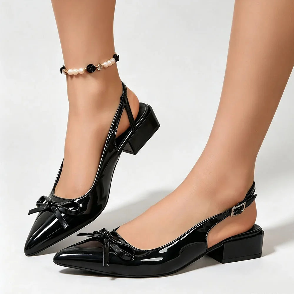 Big Size 42 Vintage y2k Slingback Sandals Women Summer Elegant Nude Bow Knot Pointed Toe 3cm Square Heels Office Lady Shoes