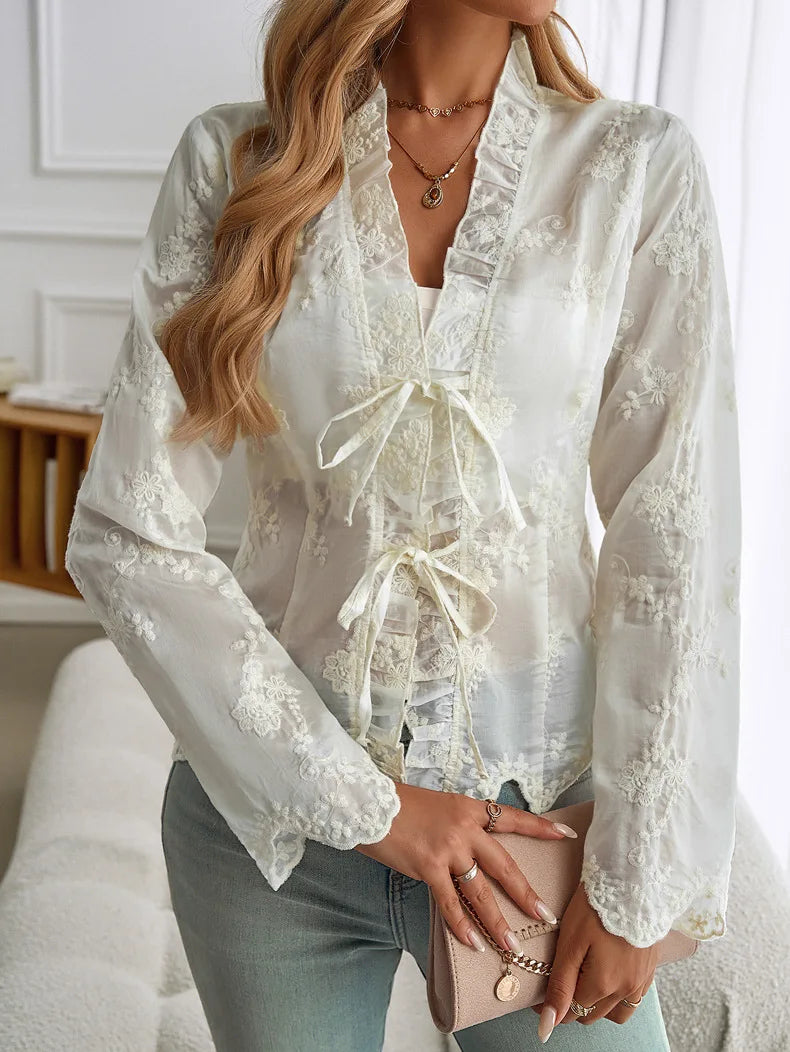 Phantasy Floral Embroidery Blouse Women Long Sleeve Loose Tunic Shirt Vintage Blouse Y2K White Tops Fashion Female Streetwear
