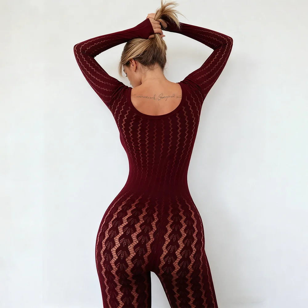 FDYOUI Sexy See-through Bodysuit Women's Long Sleeve Night Club Overalls Black Streetwear Lady Chic One Piece Party Jumpsuits