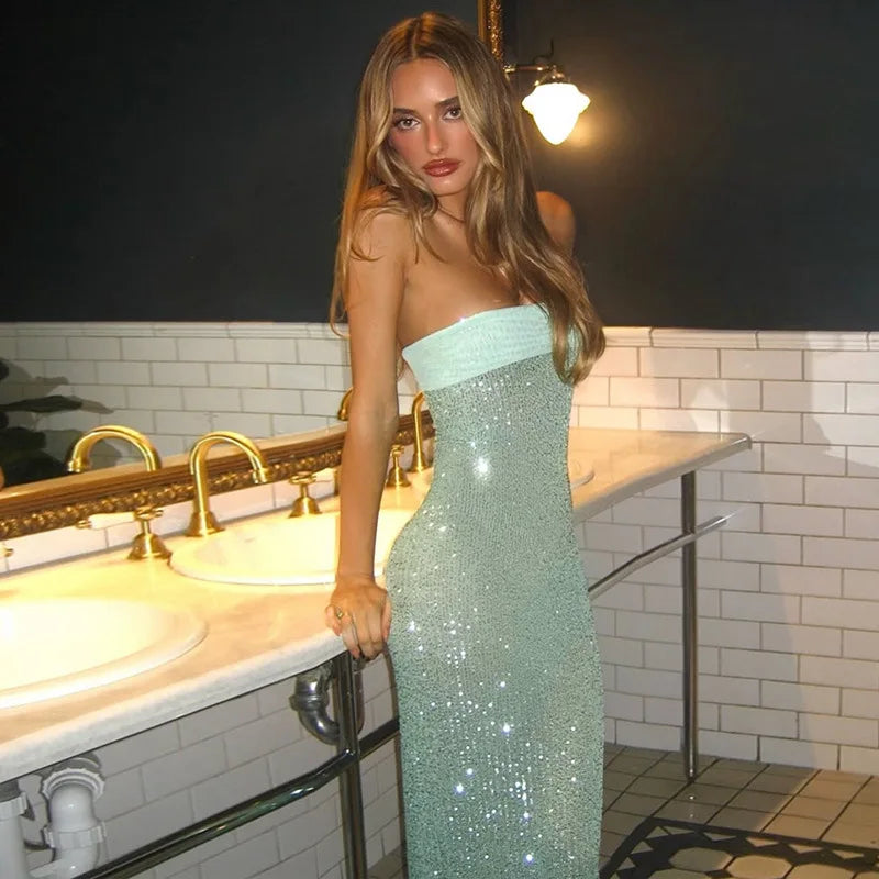 FDYOUI Luxury Bandage Sequins Evening Party Dresses for Women Sexy Strapless Off Shoulder Backless Split Slim Long Wedding Dress