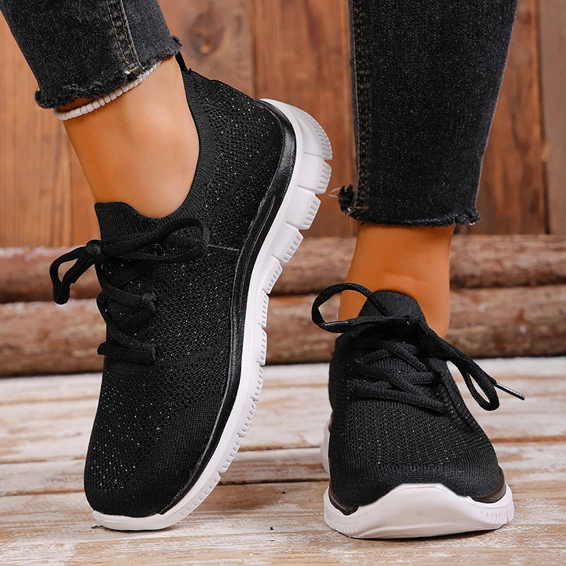 Breathable Mesh Sports Flat Shoes Women Plus Size 43 Slip On Knitted Platform Sneakers Woman Comfortable Soft Sole Running Shoes