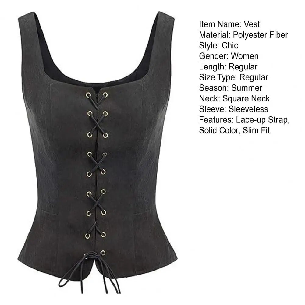 Women Vest Lace-up Strap Renaissance Vinatge Square Neck Sleeveless Medieval Slim Fit Halloween Cosplay Performance Top