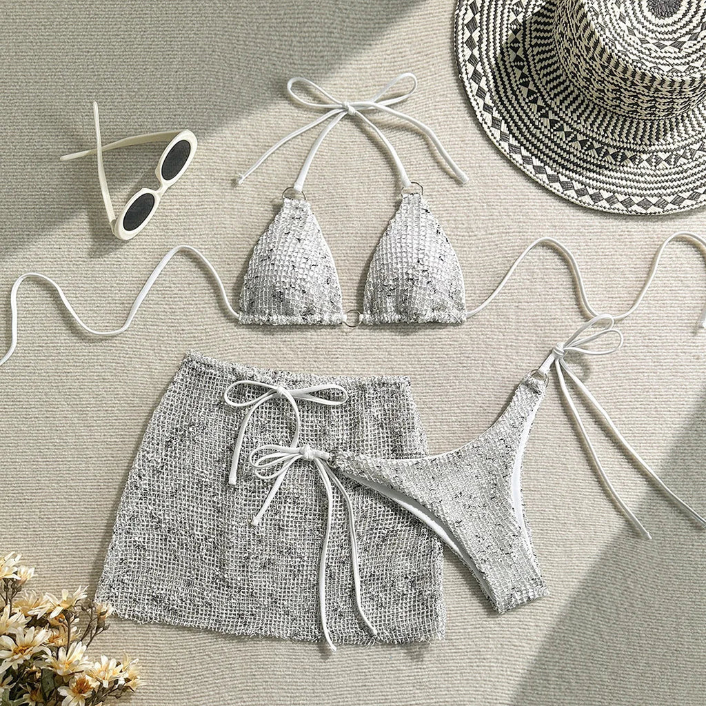 3PCS With Hollow Out Skirt Halter Bikini Female Swimsuit Women Swimwear Three-pieces Bikini Set Bather Bathing Suit Swim V6451