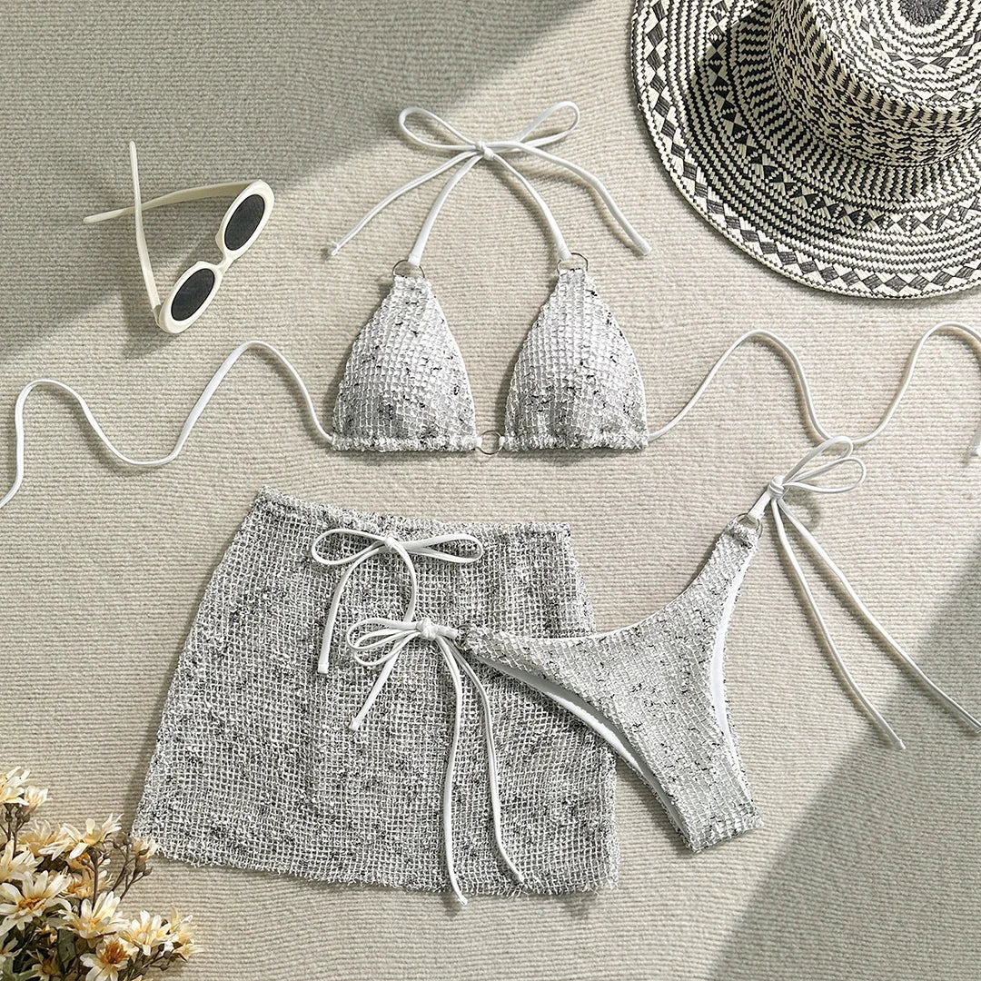 3PCS With Hollow Out Skirt Halter Bikini Female Swimsuit Women Swimwear Three-pieces Bikini Set Bather Bathing Suit Swim V6451