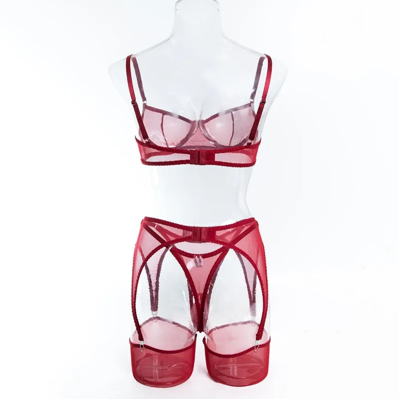 Toucheart Erotic Lingerie Comfortable Mesh Sexy Body Shaping Ultra-thin See-through Sexy Underwear Four-piece Set with Stockings