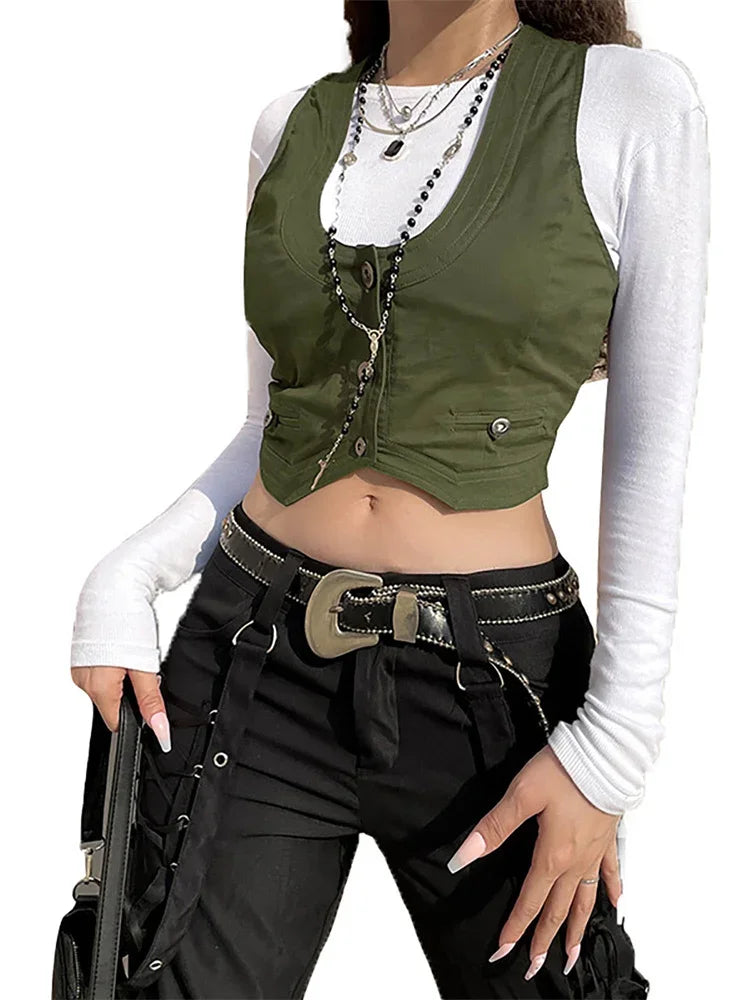 Women Vest Sleeveless V Neck Button Down Tank Tops Gilet with Pockets for Casual Street Gothic