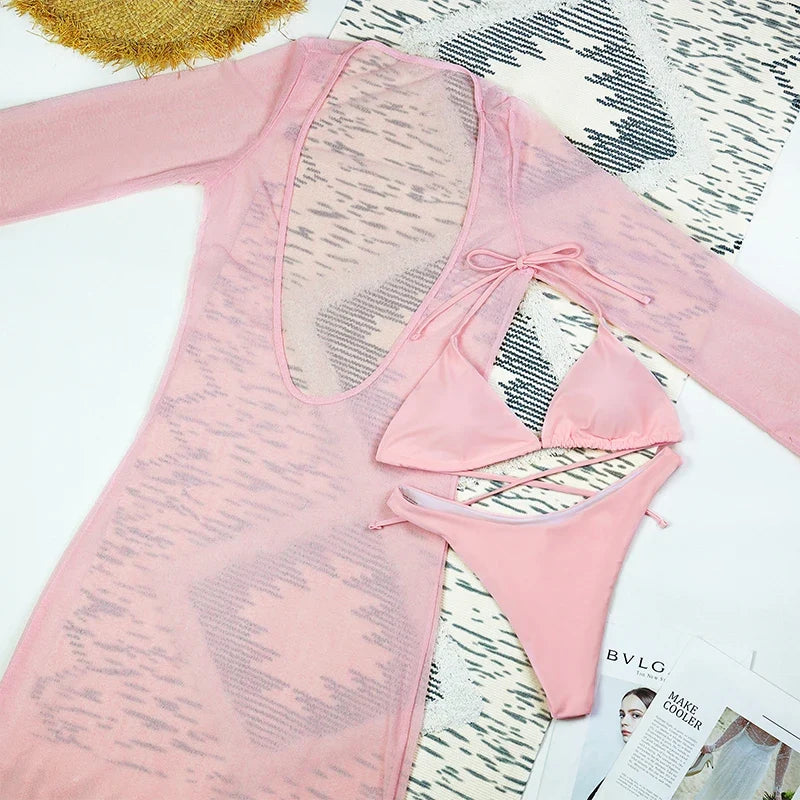 Sexy Solid 3 Piece Micro Bikinis Women Swimsuit 2025 New Swimwear With Long Sleeve Bathing Suit Beachwear Biquini Female