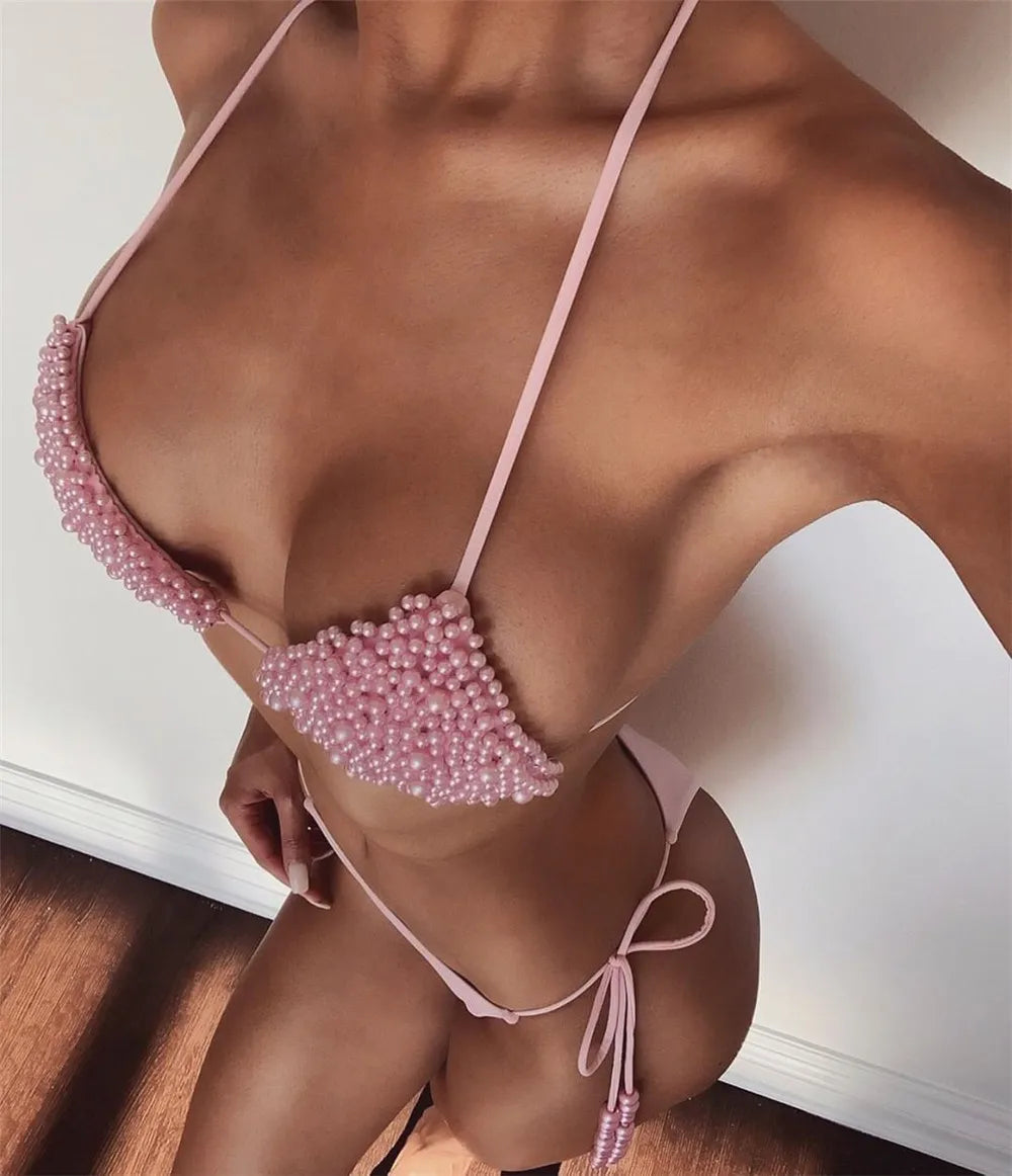 2026 Luxury Pearls Halter Mini Bikini Female Swimsuit Women Swimwear Two-pieces Bikini Set Bather Bathing Suit Swim Beachwear