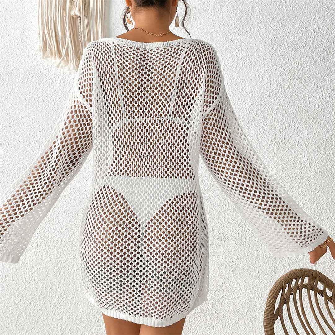 V Neck Long Sleeve Hollow Out Crochet Knitted Tunic Beach Dress Beach Wear Beachwear Beach Cover Up Cover-upsFemale Women V6335