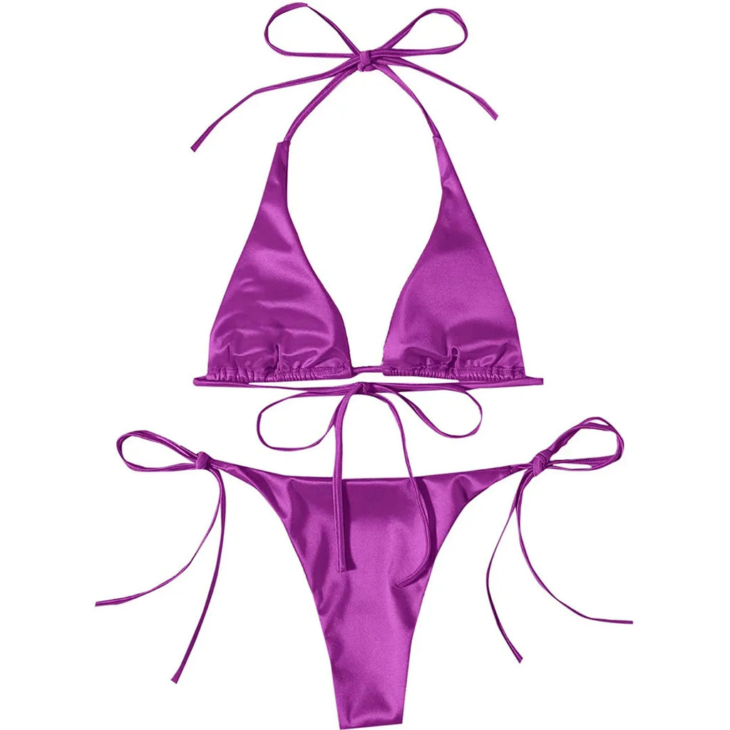 Sexy 13 Colors Halter Satin Brazilian Bikini Women Swimwear Female Swimsuit Two-pieces Bikini set Bather Bathing Suit Swim V4966