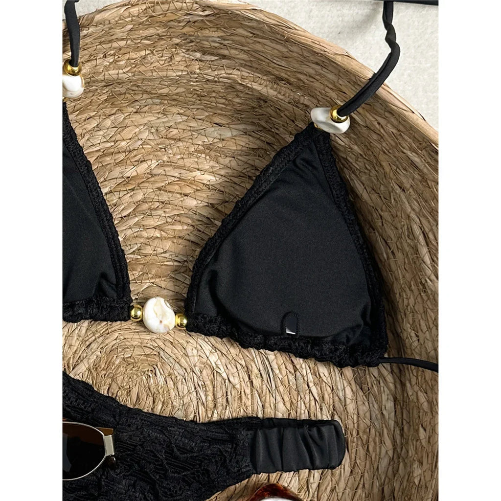 2026 Wrinkled Crinkled Halter Bikini Women Swimwear Female Swimsuit Padded Bather Bathing Suit Swim Two-pieces Bikini set K8135
