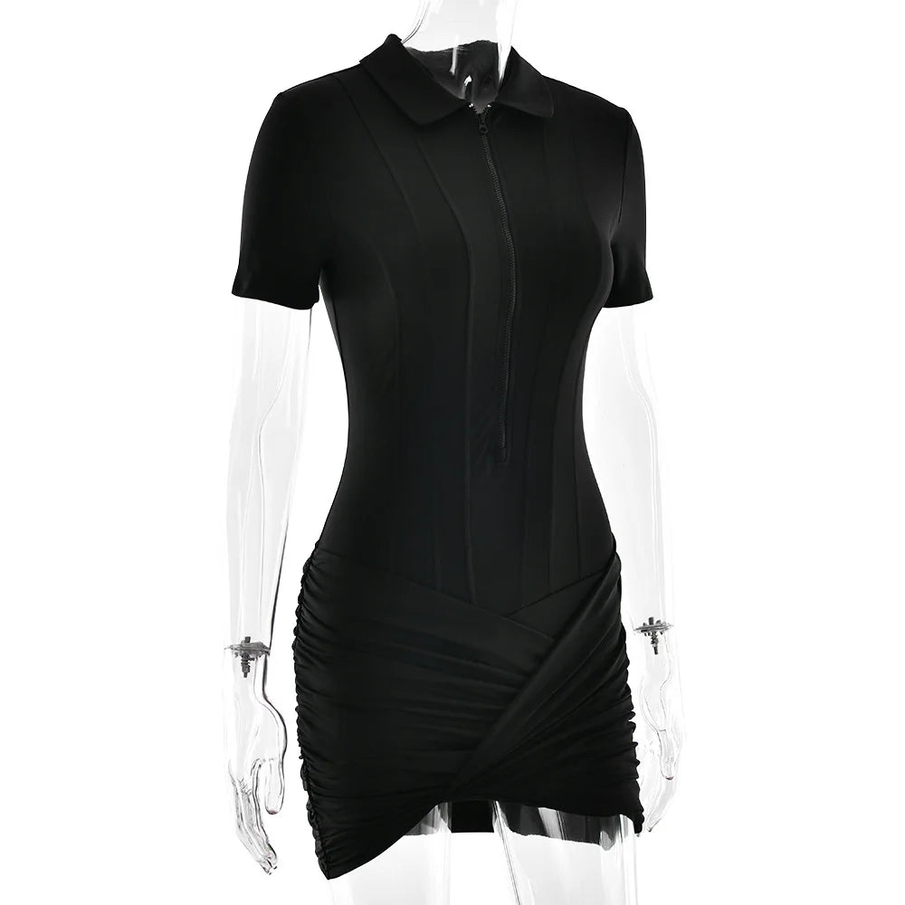 FDYOUI Women's Polo Collar Zip-up Jumpsuit Dress Chic Short Sleeve Folds Solid Bodysuits One Piece Yoga Fitness Sporty Playsuits