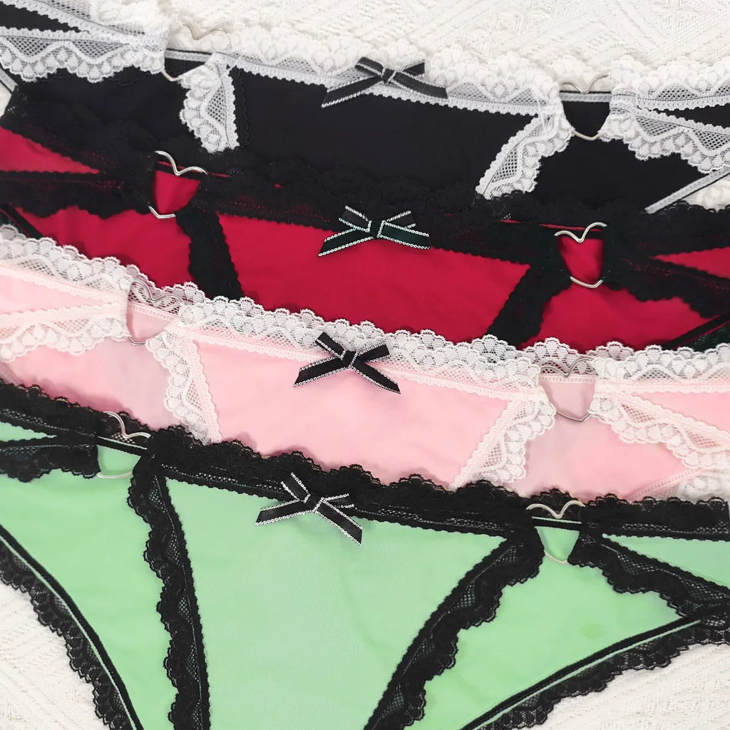 1pcs Low Rise Bow Sexy Lace Women's Panties Patchwork Heart Decor Elegant Lady Briefs Comfortable Breathable Female Underwear
