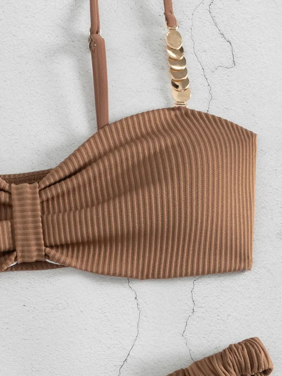 Front Knotted Metal Strap Ribbed Bikini Women Swimwear Female Swimsuit Two Pieces Bikini Set High Cut Bathing Suit Swim Beach
