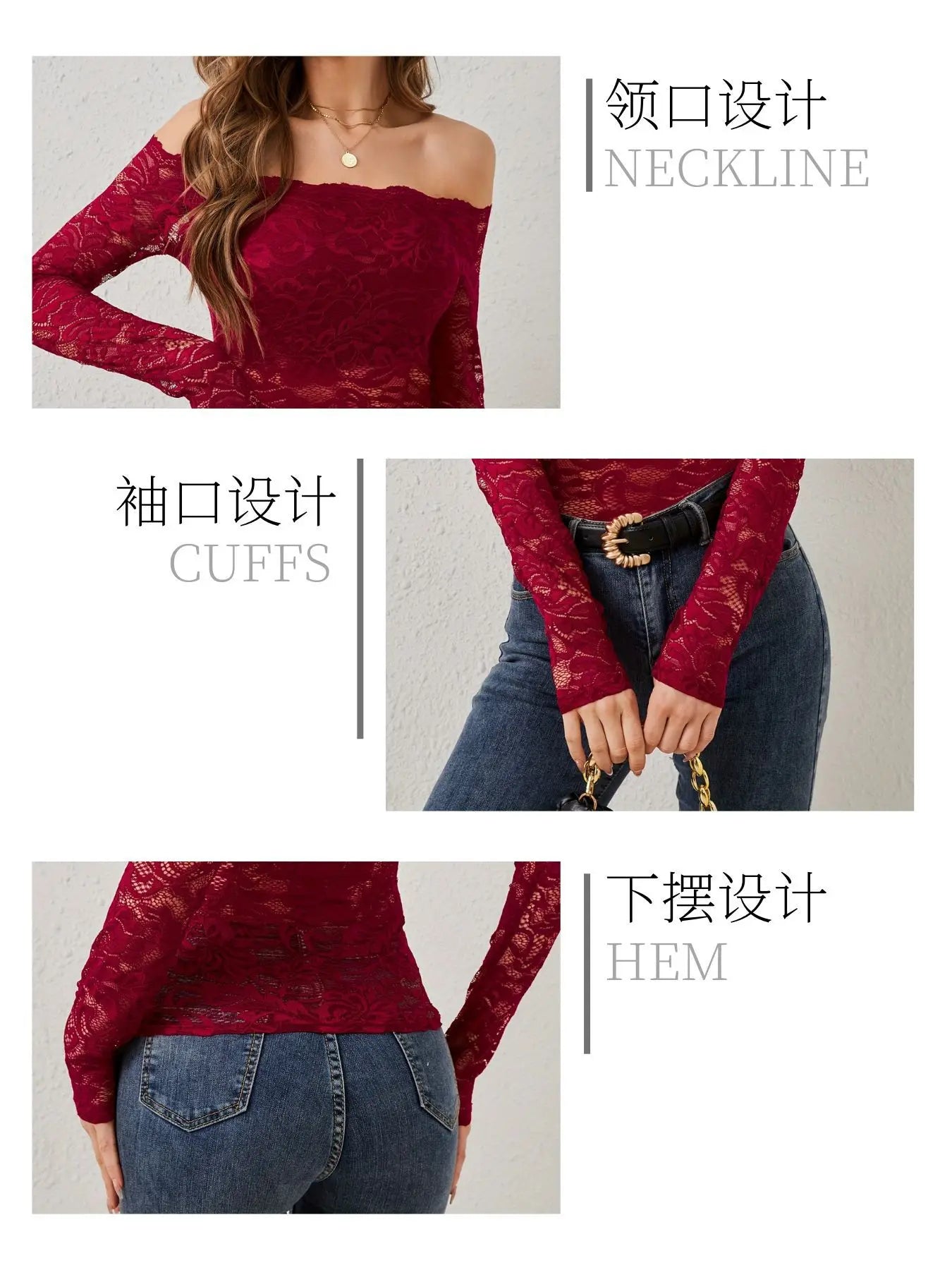 European and American elegant scalloped neckline, off-the-shoulder lace slim fit T-shirt long-sleeved top