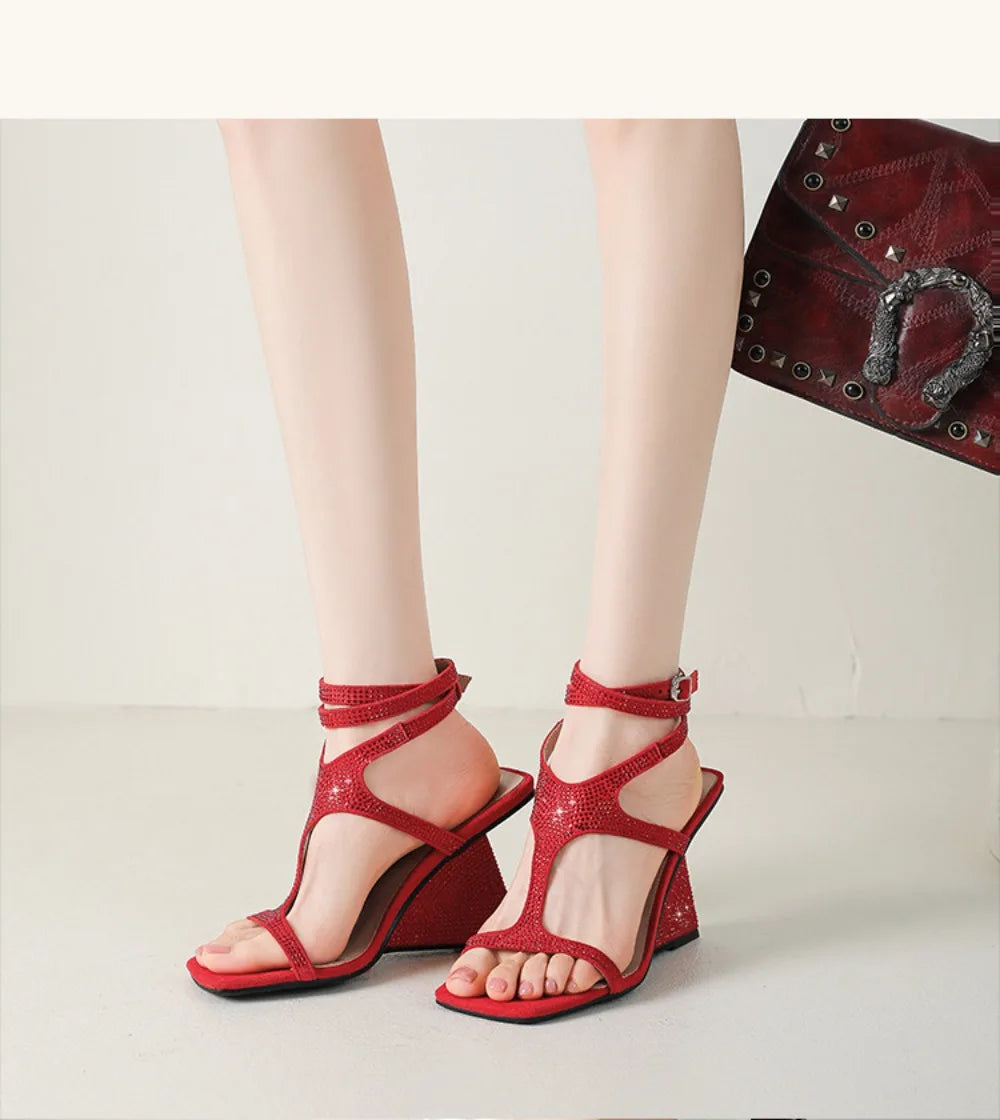 Brand Design Cross-Strap Rhinestone Sandals Summer For Women Crystal Strange Style High Heels Buckle Strap Dress Shoes Blue Red