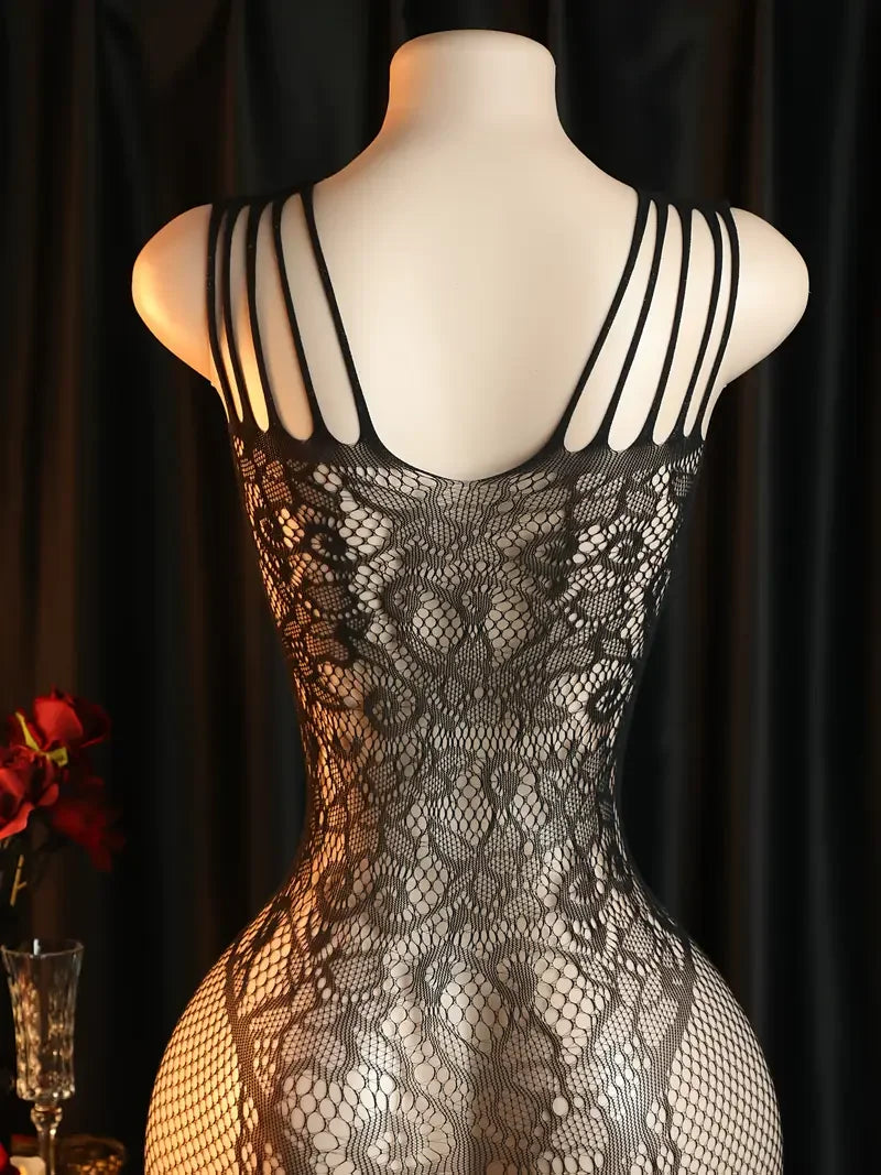 Sheer Floral Jacquard Fishnet Bodysuit - High Stretch, Open Chest, Women's Sexy Lingerie Crotchless Bodystockings Erotic Outfits