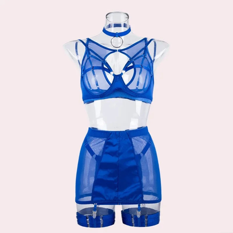 Toucheart 5-Pieces Erotic Lingerie Sexy Hip Skirt For Women Mesh Patchwork Hollow Out See-Through Lure Garters Underwear Suit