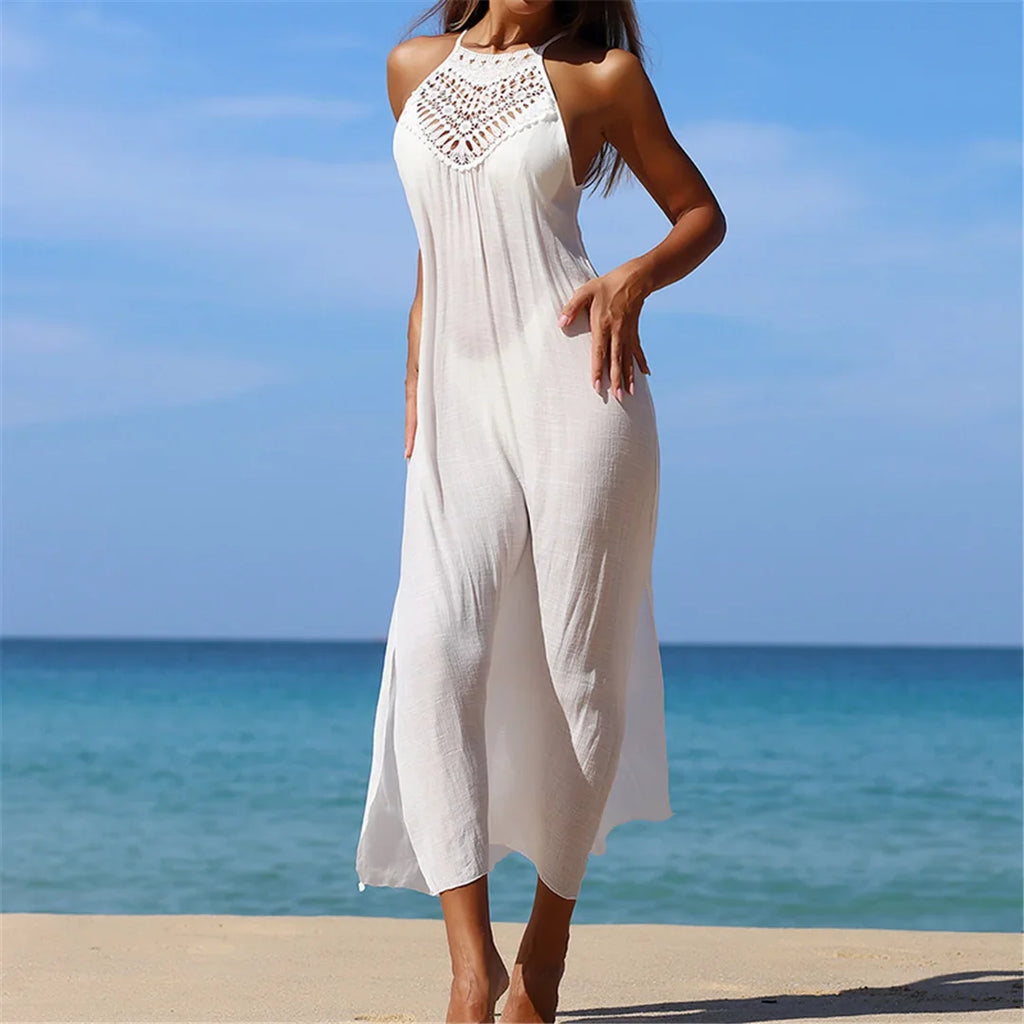 Solid Hollow Out Sleeveless Crochet Knitted Tunic Beach Cover Up Cover-ups Beach Dress Beach Wear Beachwear Female Women V7642