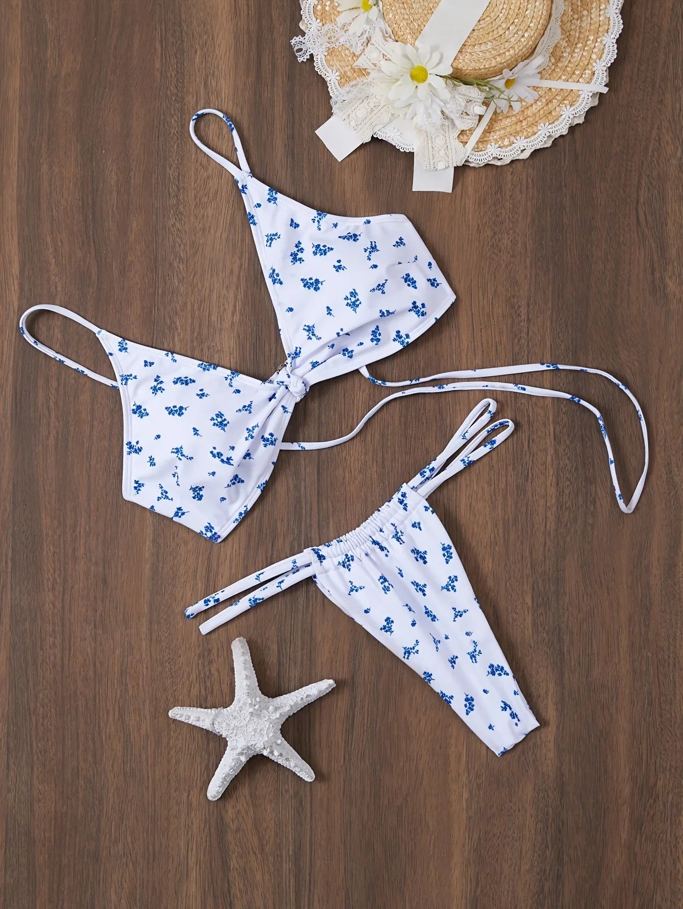 Sexy blue floral print front knot bikinis sets two pieces thong swimsuit Swimwear bathing suit beach outfits biquini tankini