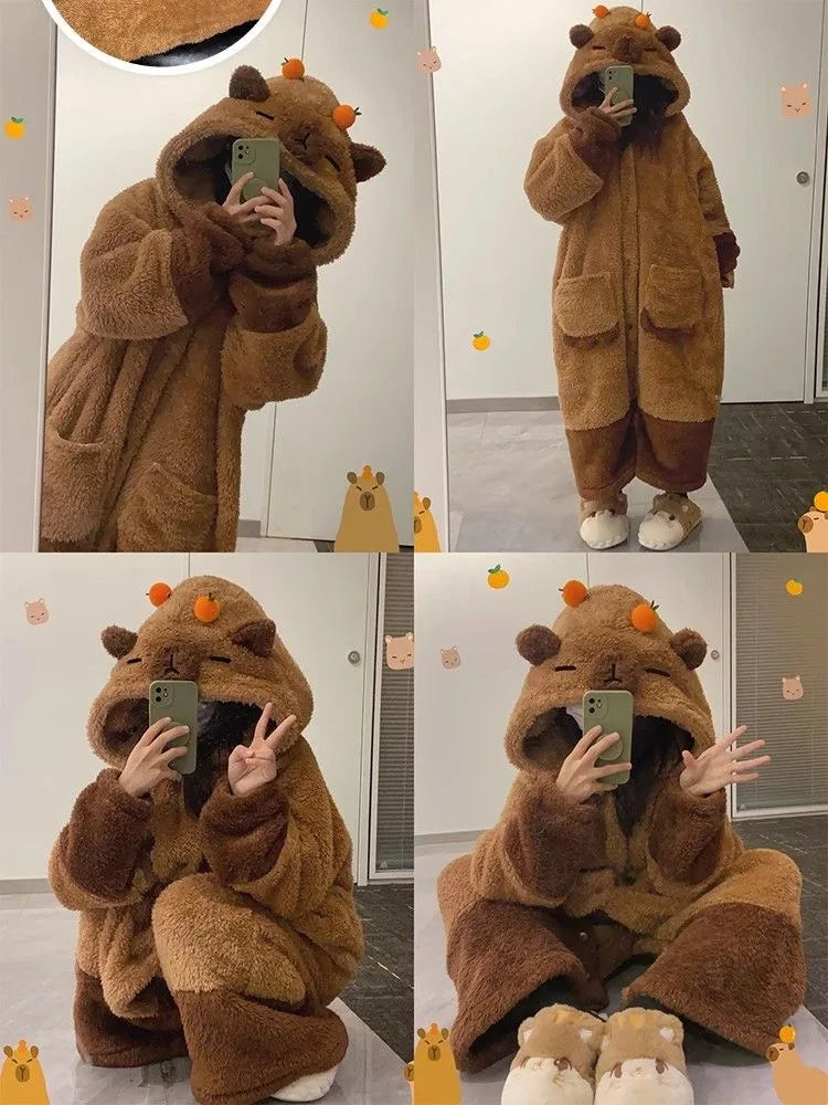 Adult Capybara Robes Onesies Pajamas Cartoon Pyjama Animal Kigurumi Slipper Halloween Cosplay Costumes Warm Sleepwear Jumpsuit