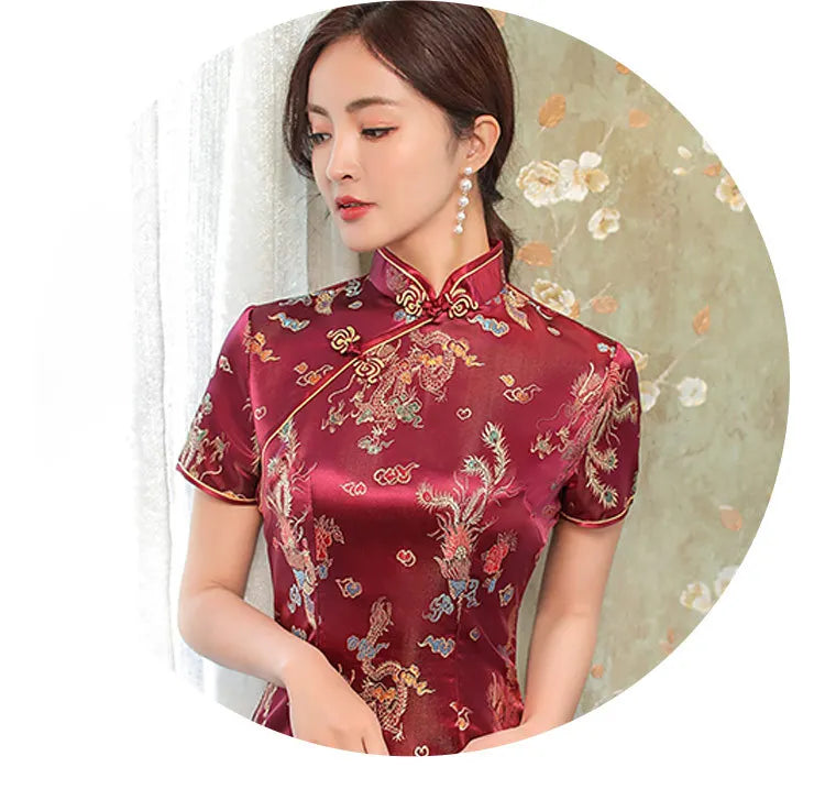 Large Size Sexy Slim Long Qipao Dress Women Retro Elegant Cheongsam Short Sleeve Brocade Dragons and Phoenixes Clothes Vestidos