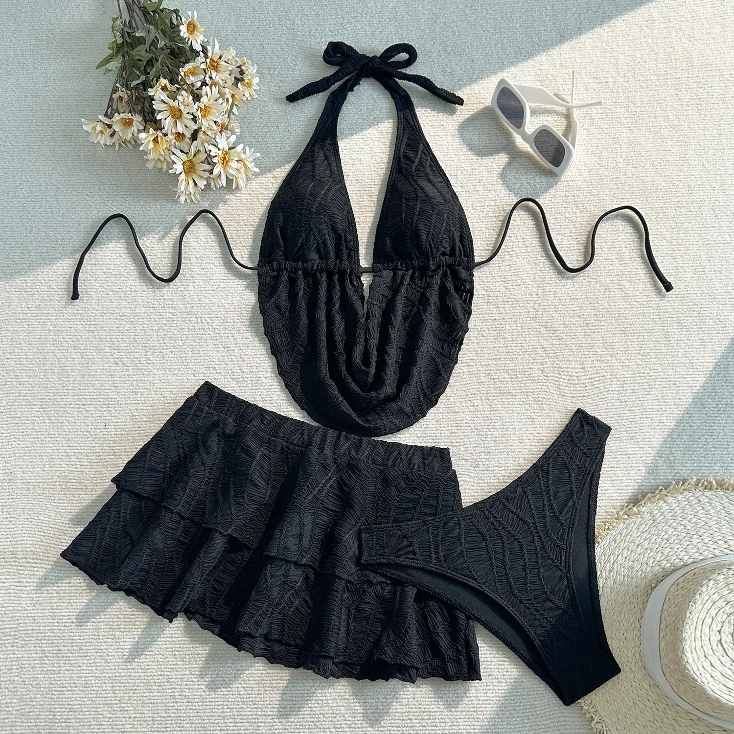 Sexy Yellow Push Up Tassel Crop Top High Waist Swimsuit Swimwear Women Beach Holiday Bathing Suit Skirt 3 Piece Bikini Set 2026