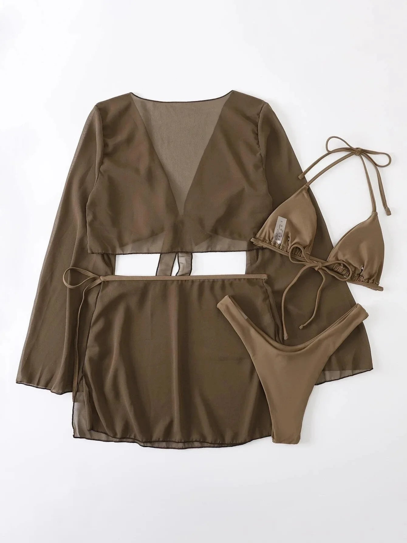 4PCS with Mesh Sarong Cover Up Long Sleeve Bikini Female Swimsuit Women Swimwear Four-pieces Bikini Bathing Suit Swim Beachwear