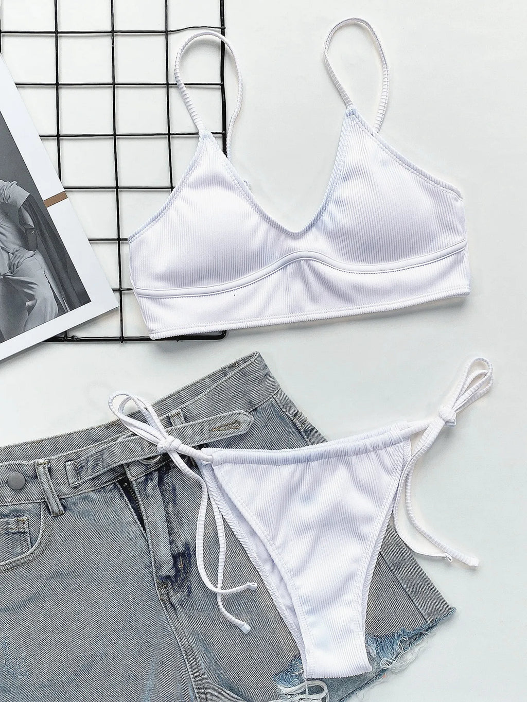 Sexy Bikini Women Push Up Swimwear Swimsuit White Pit Striped Knotted Bikinis Set Bathing Suit Beach Bikini Trajes De Bano Mujer