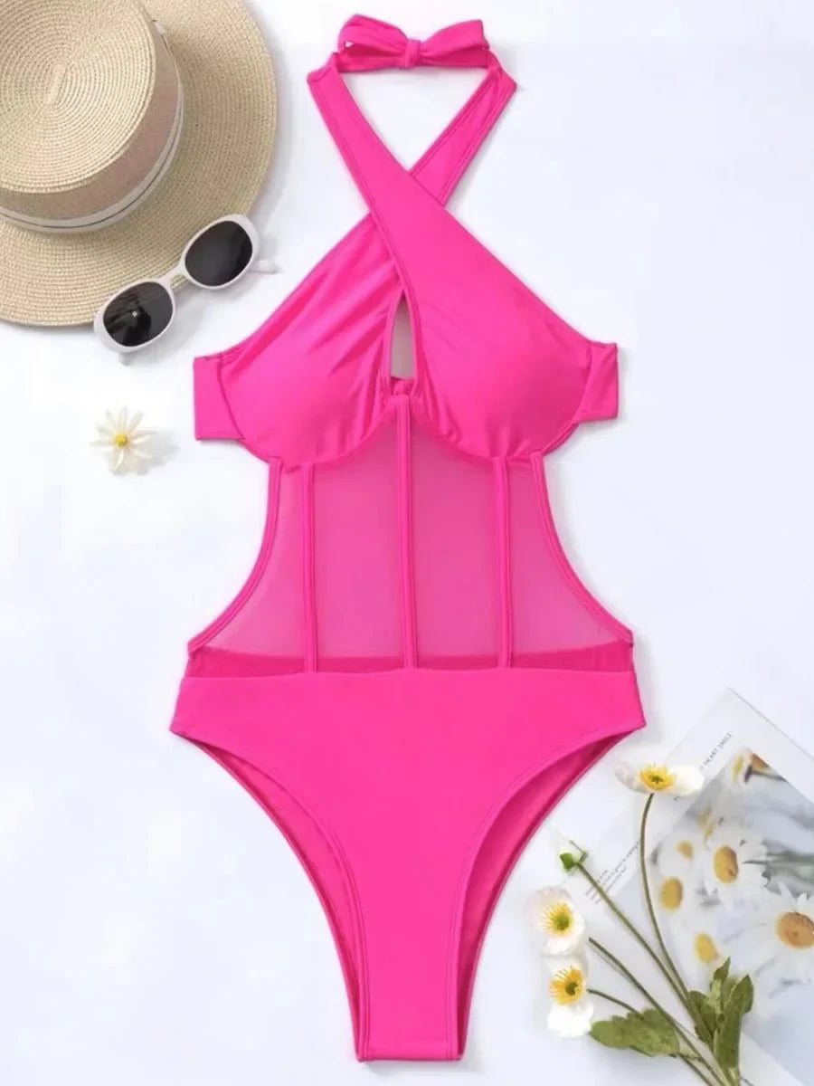Halter Mesh Sheer Underwired One Piece Swimsuit Women Swimwear Female Backless Hollow Out Monokini High Cut Bathing Suit Swim