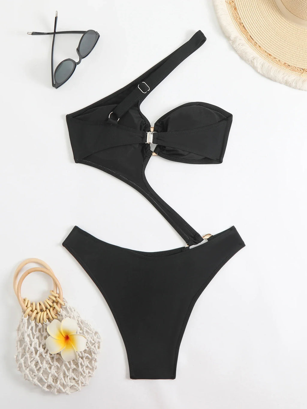 2026 Hollow Padded Swimsuit One Piece Sexy Solid Swimwear Women Black Bathers Bathing Swimming Swim Suit Beachwear Summer XXL