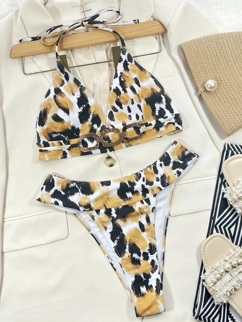 2026 Sexy Bikini Women Push Up Leopard Print High Waist Halter Swimwear Swimsuit Bikinis Set Bathing Suit Metal Chain Decor New