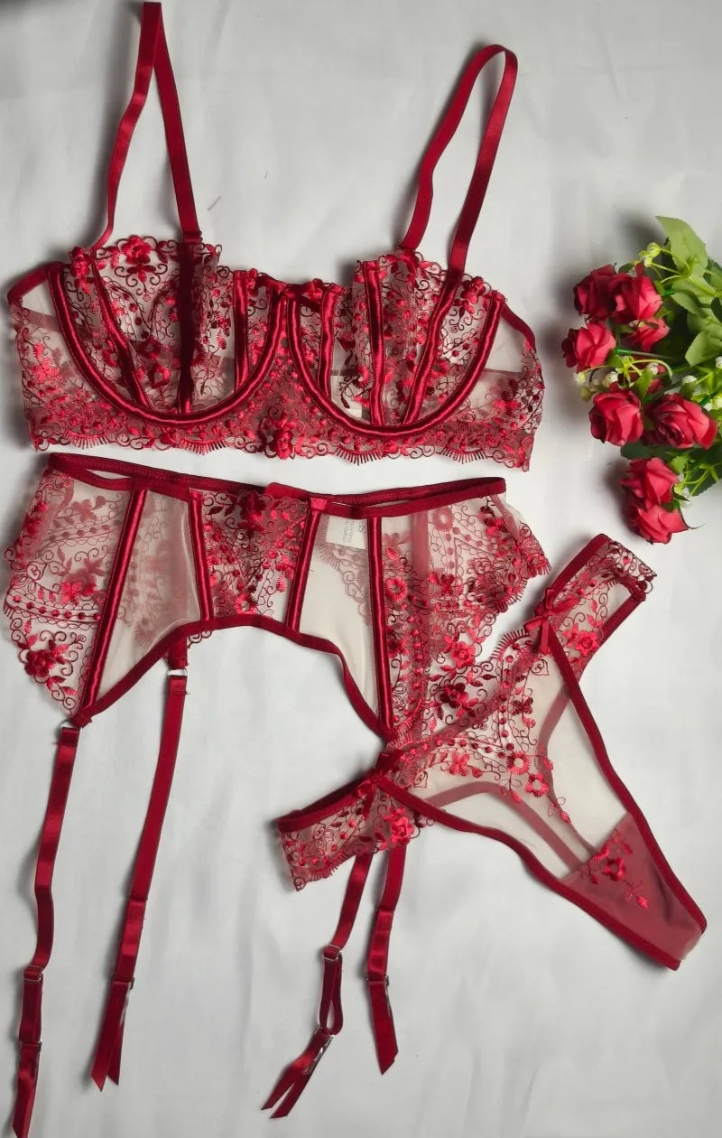 Women's New Floral Embroidered See-Through Mesh Lingerie 4-Piece Set - Sexy Underwear for Special Nights