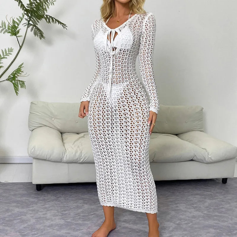 See-through Maxi Dress with V-Neck And Long Sleeves Lace-Up Hollow-out Design for Women Fashionable Beach Holiday Sexy Long Gown