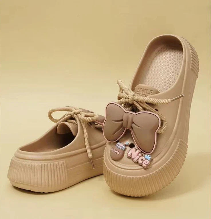 2025 New Slippers DIY Bow Platform Sandals for Women Summer Thick Sole Beach Slides Woman Flowers Non Slip Clogs Garden Shoes