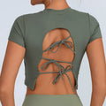 Yoga Short Sleeved T-shirt Women Hollow Back Bandage Tie Cross Sports Tank Top with Chest Gym Running Active Wear Fitness Shirts