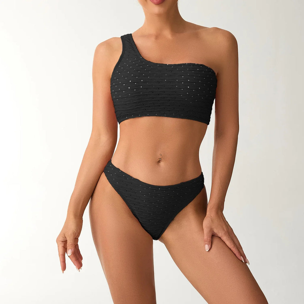 2026 New Style Breathable Quick Dry Solid Color Single Shoulder Bikini Sexy Swimsuit Women's High Elasticity Thickened Backless