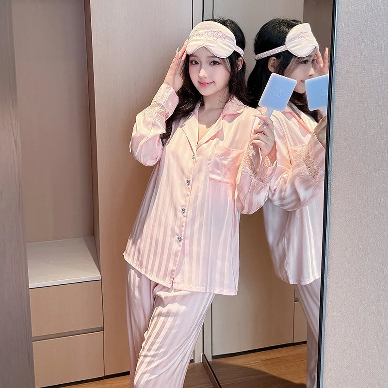 Lace splicing light luxury pajamas for women long-sleeved ice silk silk early spring comfortable home wear set