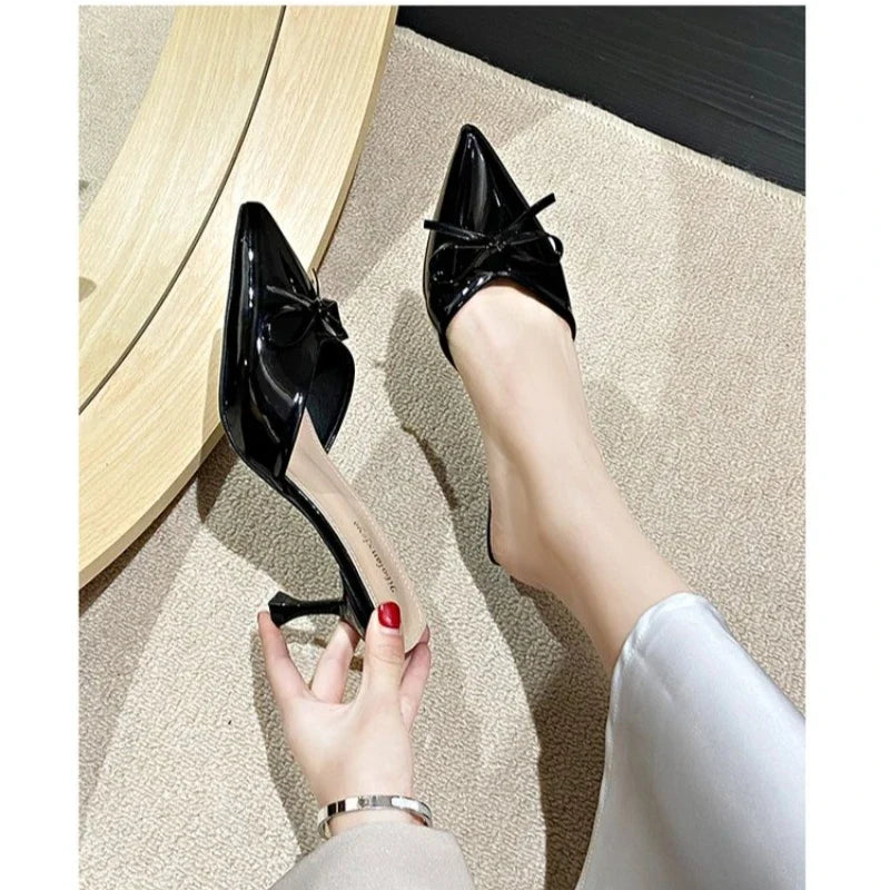 Patent Leather Bowknot Mule Slides Woman Pointed Toe Kitten Heel Pump Sandals Ladies  Bright Color Evening Party Dress Shoes