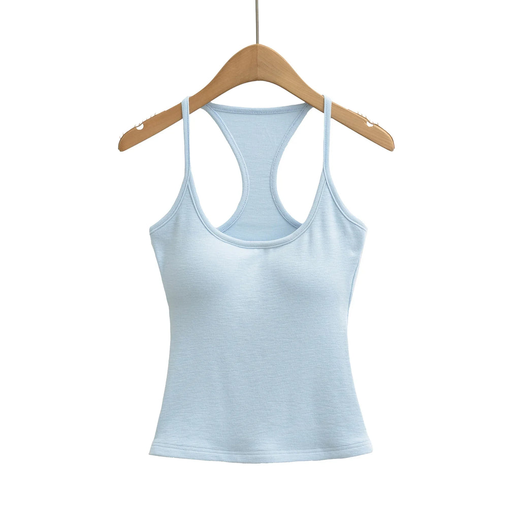 Early Spring New Style Hot Girl Pure Desire Sexy U-Neck Chest Pad Elastic Base Tank Solid Color Backless Sleeveless Top 6JYN