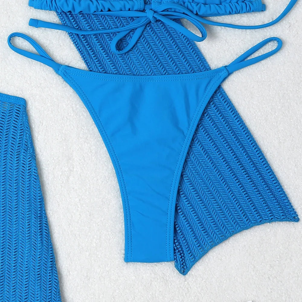 Women micro mini halter bikinis sets 3pcs with knitted long sleeve hollow out mini dress swimsuit bathing suit beach outfits