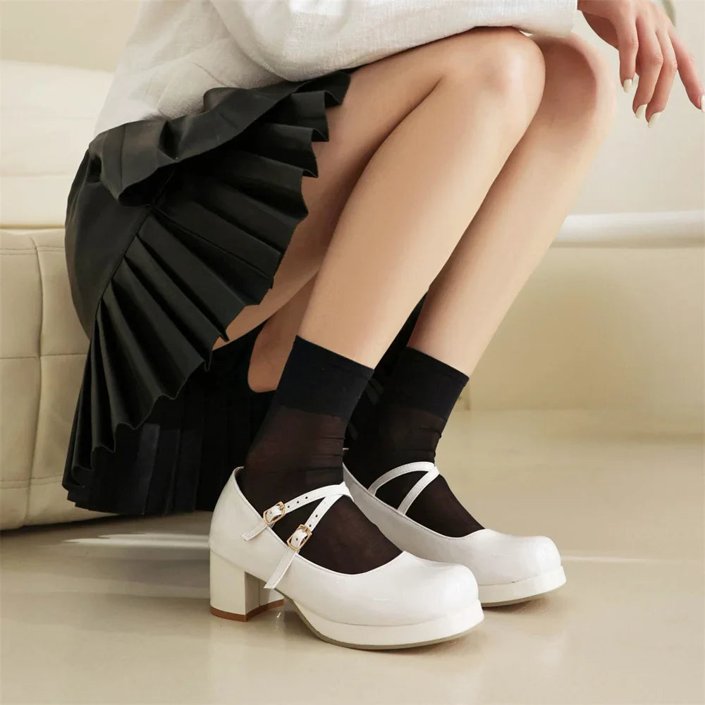 Big Size 30-48 Sweet Lolita Pink Mary Jane Shoes Women Round Toe Cross-Straps Platform White Block Heel Cute Dress Pumps