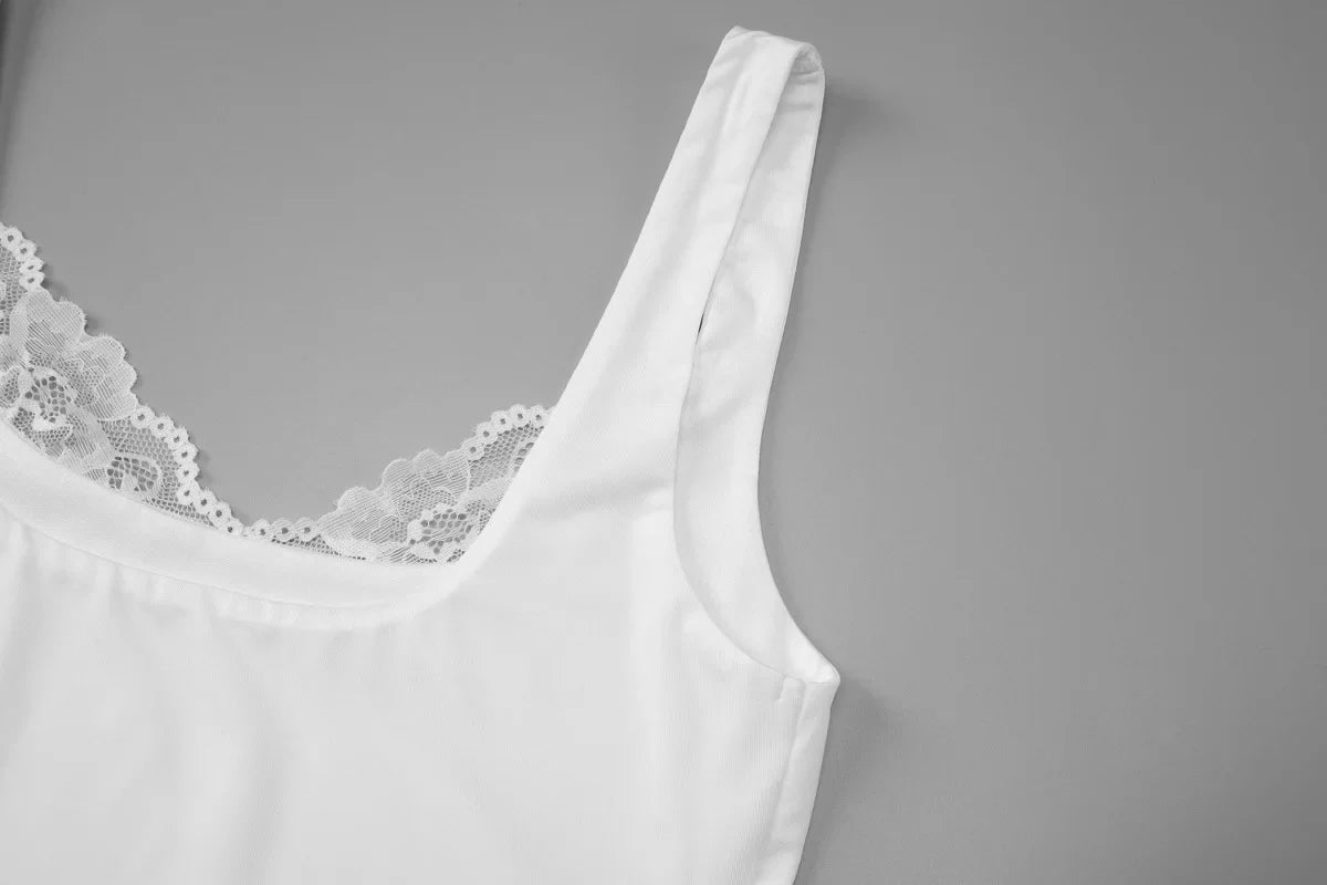 FDYOUI Sexy Lace Patchwork Tank Tops for Women Fashion Sleeveless Backless Cropped T-shirt Black White Y2K Skinny Corset Top