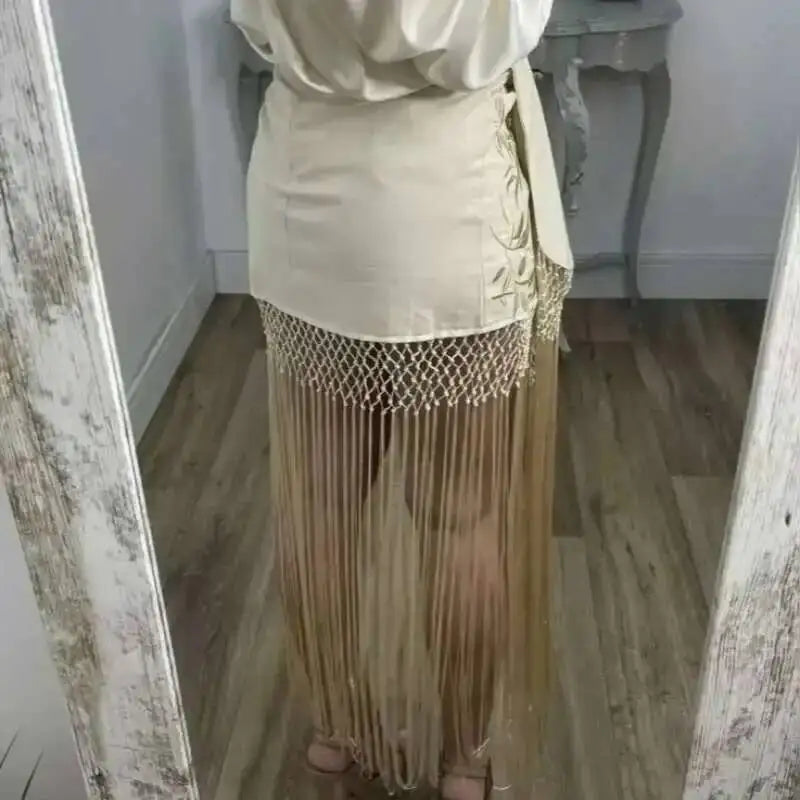 Embroidered Tassel Hem Skirt Elegant Women's Lace Up Mesh Hollow Out Short Skilt 2026 Summer New Chic Female Beach Holiday NT8W