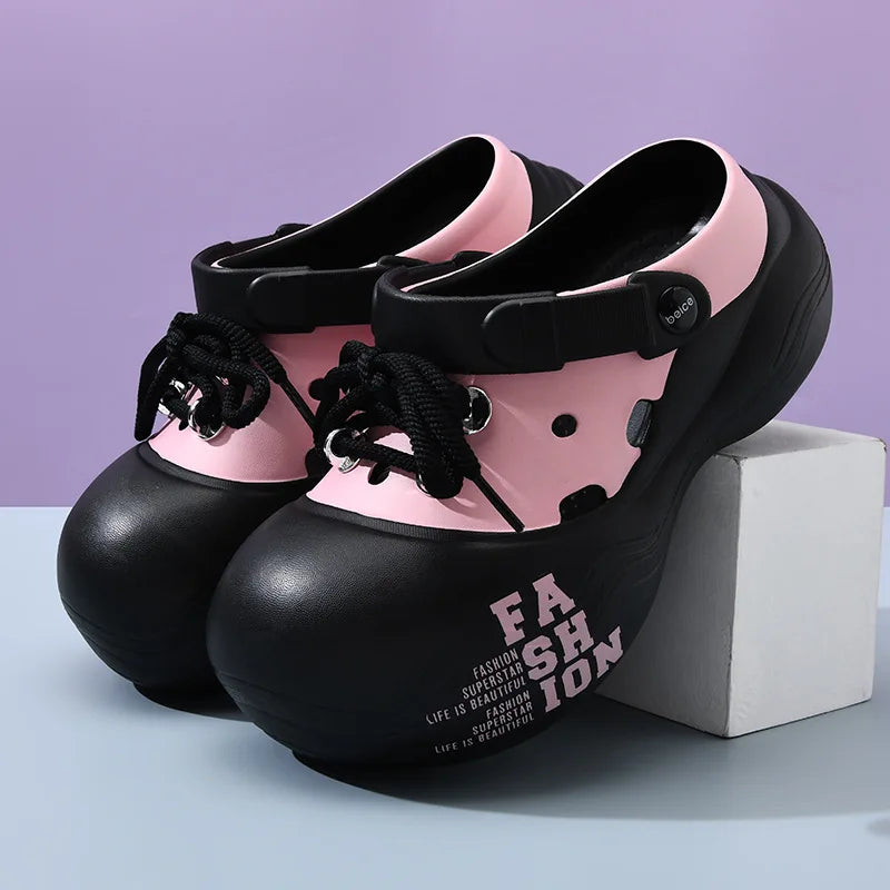 2026 New DIY Lace-up Fashion Clogs For Women Platform Slippers Thick Sole Summer Shoes Female Street Sandals Home Beach Slides