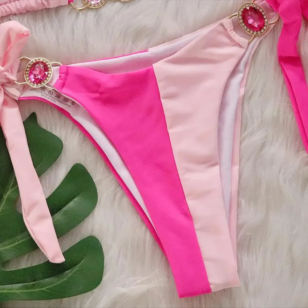 Splicing Halter Jewelled Diamond Bikini 2025 Women Swimsuit Female Swimwear Two Pieces Bikini Set Hollow Out Bathing Suit Swim